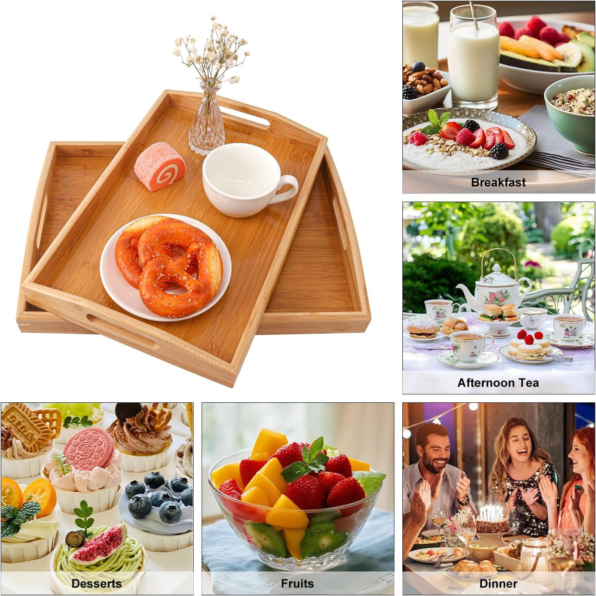 3 PCS Bamboo Serving Tray, 3 Size Nested Breakfast Bed Tray with Handle, Wood Serving Tray for Serving, Breakfast Bed Trays for Eating, Decor
