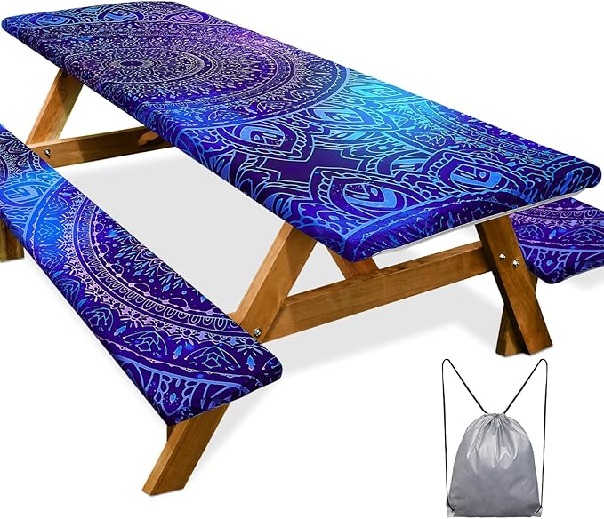 Picnic Table Cover with Bench Covers Camping Essentials Waterproof Windproof Camping Tablecloth with Drawstring Bag, Fitted Rectangle Tables and Seats, 96in, Blue Purple