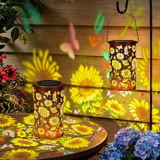Sunflower Solar Lanterns Outdoor Waterproof, Metal Lantern Garden Lights with Color Projection, Garden Decor Gifts for Mom Women Mother Grandma, Hanging Solar Lights for Yard Porch Patio (Sunflower*2)