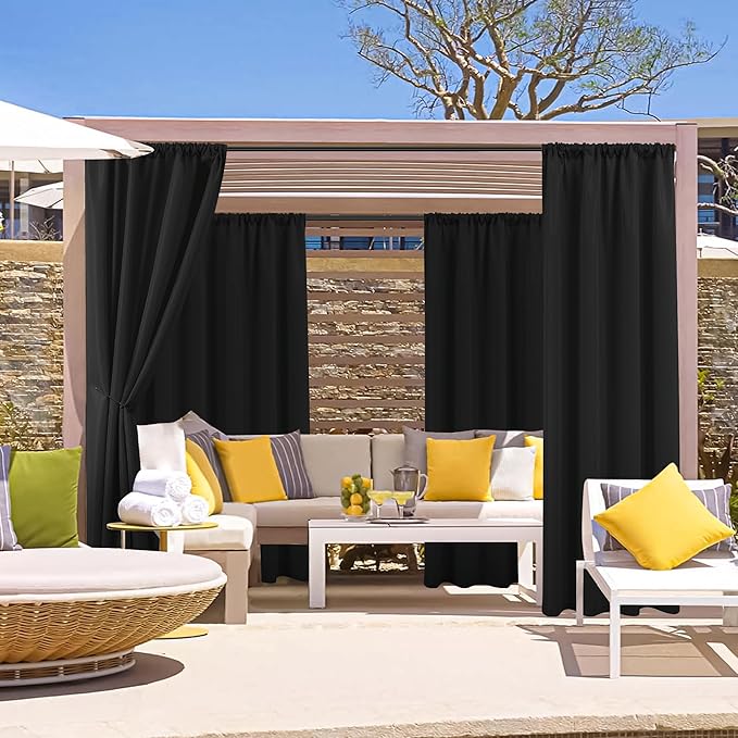 HolidayIdeas Outdoor Patio Curtains Waterproof with Rod Pocket 6 Pcs 54x108 Inch- Weatherproof Balcony Outdoor Curtains for Apartments,Porch, Gazebo, Pergola, Sliding Glass Door, Black