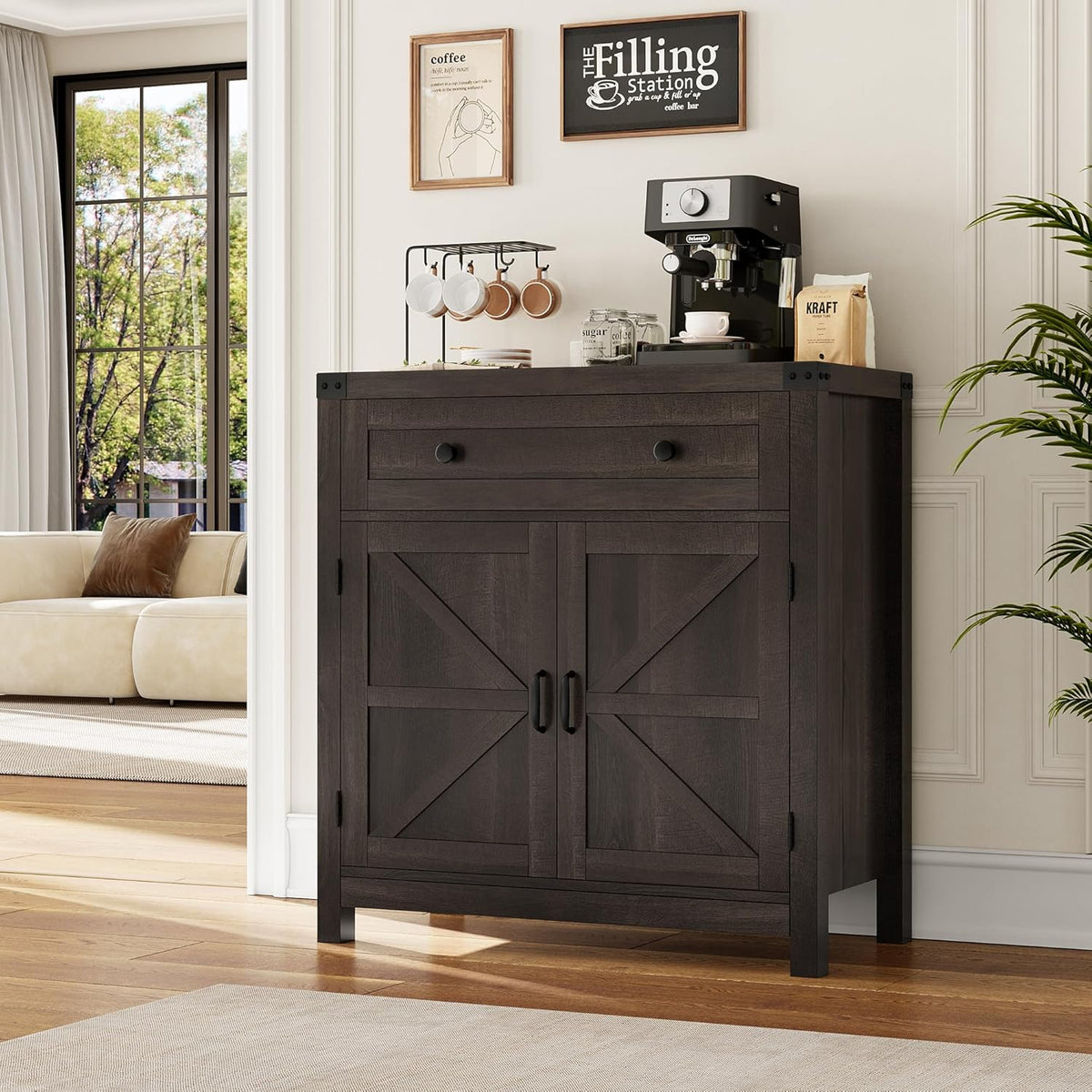 Hostack Coffee Bar Cabinet, Kitchen Storage Cabinet, Modern Farmhouse Buffet Sideboard with Drawer and Adjustable Shelf