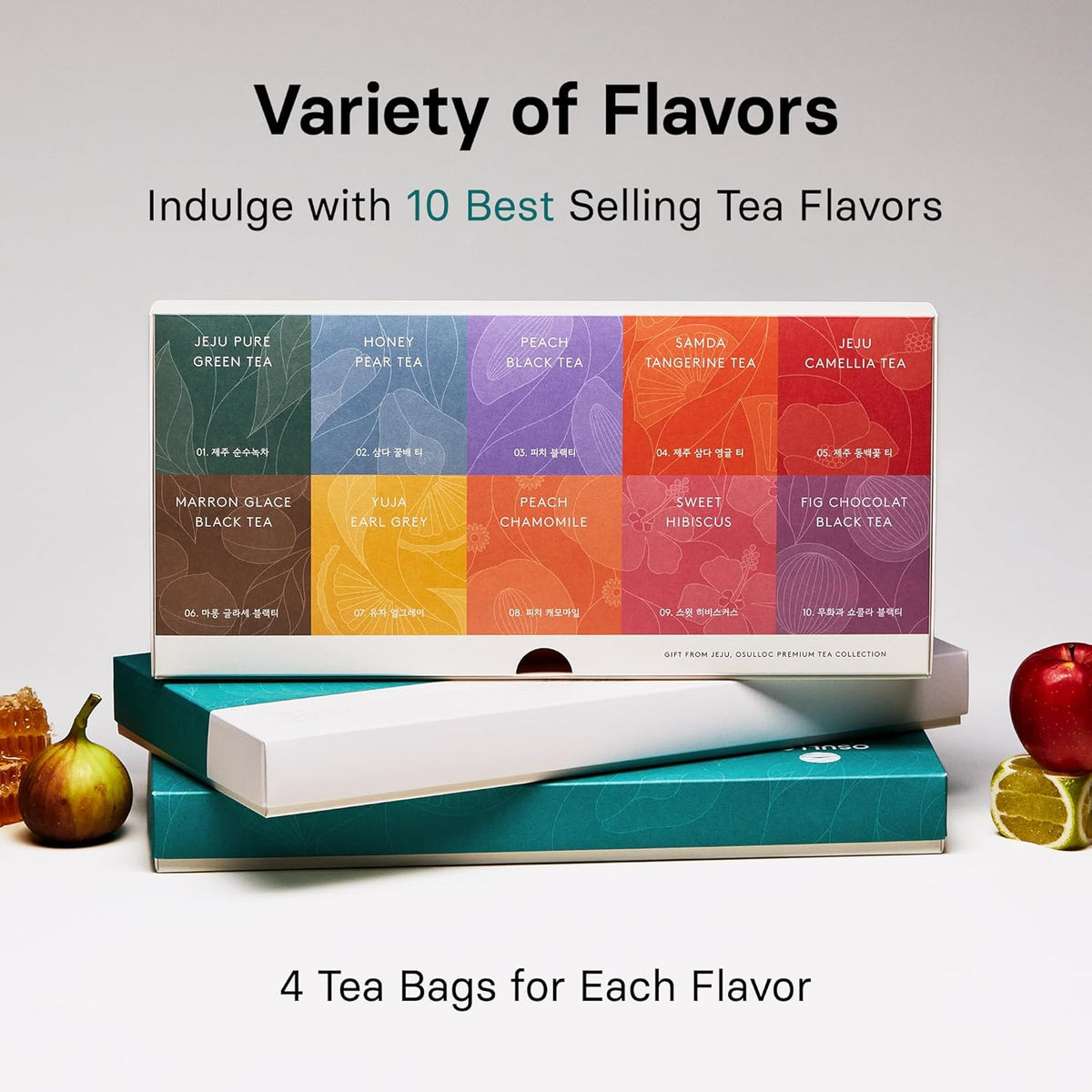 Osulloc Premium Tea Collection (40 count, 10 flavors x 4 ea), Assorted Tea bag Sampler, Tea Gift sets for Tea lover, Self Care Gift Box