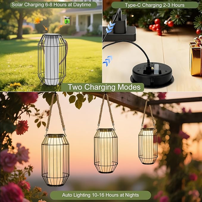 pearlstar Solar Lanterns Outdoor Waterproof Dual Charging (USB/Solar) Hanging Lantern Large Metal Floor Lamp for Patio Table Outside Porch Yard Garden Pool Decor