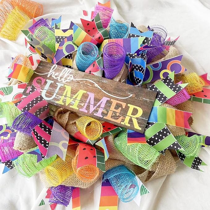 5 Rolls Summer Mesh Ribbon for Wreath, 10 Inch x 30FT Per Roll Metallic Foil Deco Mesh Rolls Pink Blue Yellow Green Purple Decorative Mesh for Spring Summer Easter Baby Shower Party Decor
