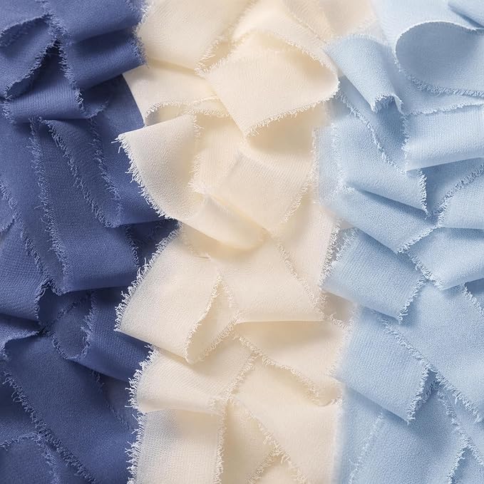DORIS HOME Blue and Cream Chiffon Ribbon for Flower Bouquet, 2" x21Yd Fabric Ribbon for Gift Wrapping, Handmade Frayed Ribbon for Wedding/Christmas Decorations