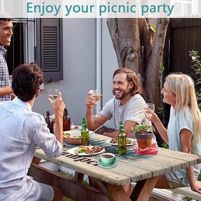 JAWO Happy Camper Picnic Table Cover - Fitted Tablecloth with Elastic Edge,Camping Design for Outdoor Camping, BBQ Decor, 96x30 Inch
