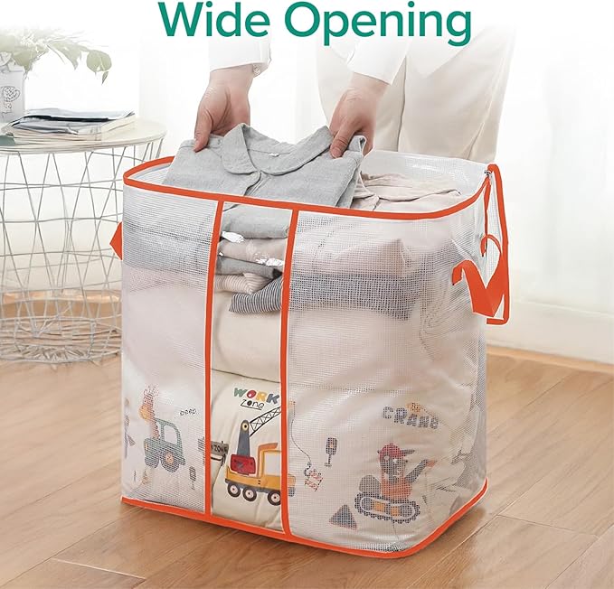 5 Pack 55L Clothing Storage Bag,Clothes Storage Bins Foldable Closet Organizer Storage Containers and Organization for Blanket, Comforters, Bed Sheets, Pillows(Orange)