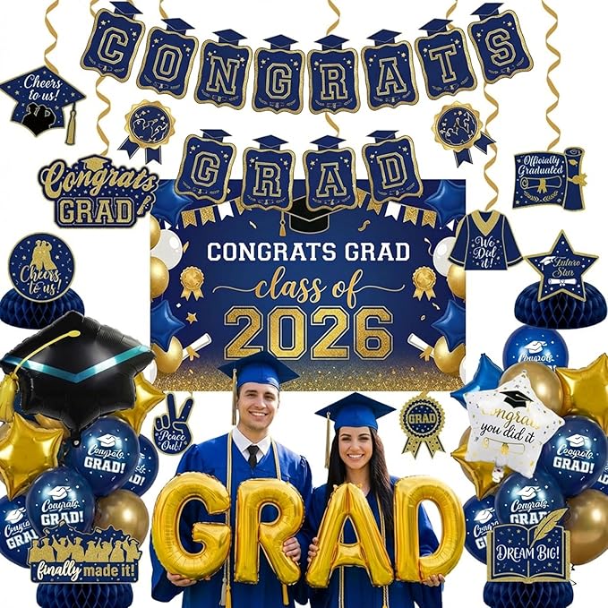 Class of 2026 Graduation Party Decorations - Navy Blue & Gold Set: GRAD Foil Balloon , Backdrop Banner, Honeycomb Centerpieces, Hanging Swirls & Mylar Letters - Complete 2026 Grad Prom Supplies