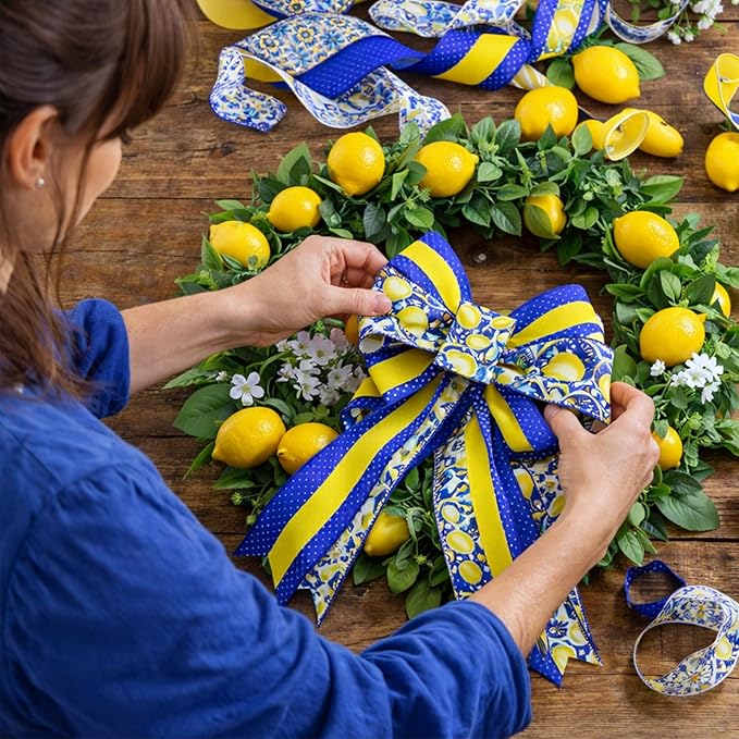 4 Rolls Lemon Wired Edge Ribbon, 2.5 Inch x 20 Yards Summer Yellow Lemon Print Grosgrain Ribbon for Wreath Bow Making, Gift Wrapping, DIY Crafts, Baby Shower, Party Decorations (Blue Lemon)
