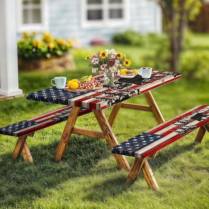 American Flag Camping Picnic Table Cover with Bench Covers, Wooden Camper RV Patriotic USA Flag Rustic Cabin Bear Tablecloth for Family Garden Party Decorations with Drawstring Bag, 30X72in