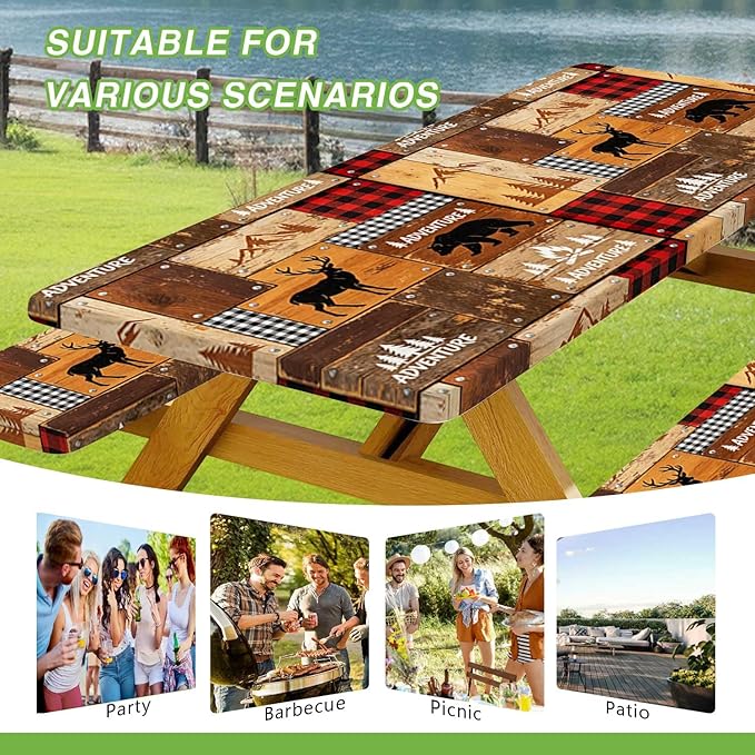 JAWO Rustic Cabin Style Picnic Table Cover with Bench Covers, Elastic Fitted Tablecloth, Lumberjack Buffalo Plaid & Bear Deer Adventure Pattern for Camping, Hunting Trips, 60x30 Inch