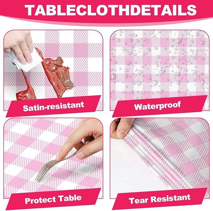 2 Pack Pink Gingham Tablecloths, Pink and White Checkered Tablecloths Disposable Plastic Pink Plaid Table Cover for Easter Mother's Day Wedding Birthday Anniversay Baby Bridal Shower