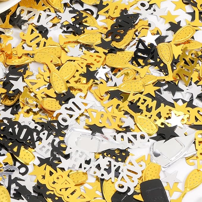 HOWAF 2026 New Year Party Decoration Supplies, New Years Confetti Decoration- Black, Gold, Silver Wine Bottle Glitter Sequins Star Foil Confetti for Happy New Year Eve Decorations Table Scatters