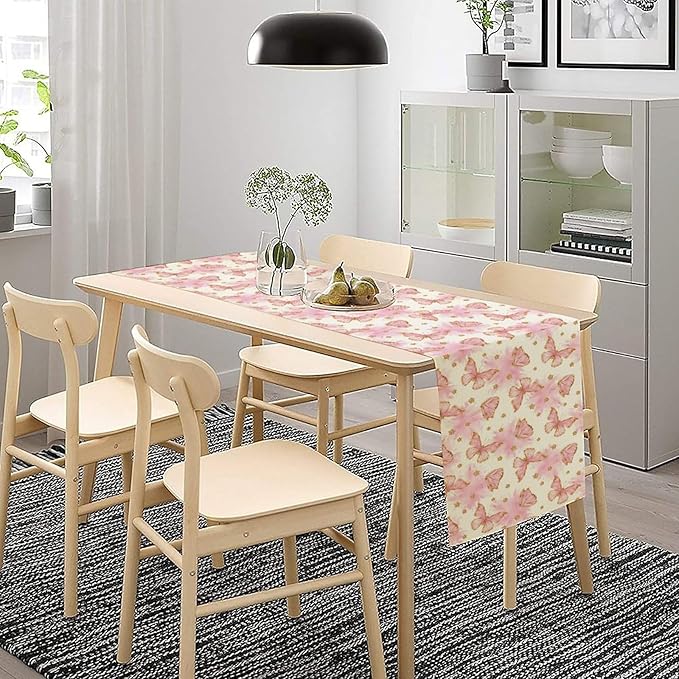 Watercolor Butterfly Table Runner, Cute Pink Butterfly Spring Modern Aesthetics Print Table Runner for Holiday Kitchen Dining Outdoor Home Party 13x120in