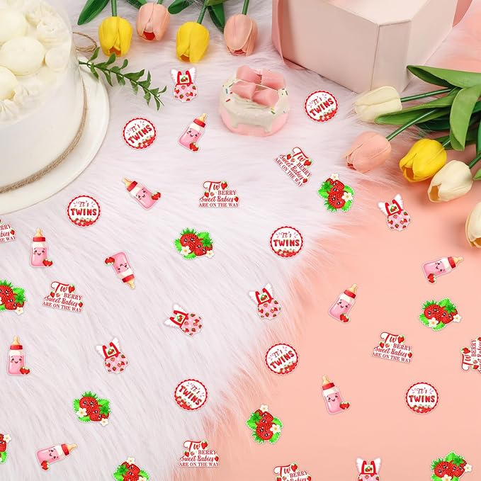 200 Pcs Twins Strawberry Theme Confetti, Two Berry Sweet Babies Are on the Way Table Scatter Confetti Decorations, Berry Fruit Table Paper Decor for Baby Shower DIY Crafting Supplies