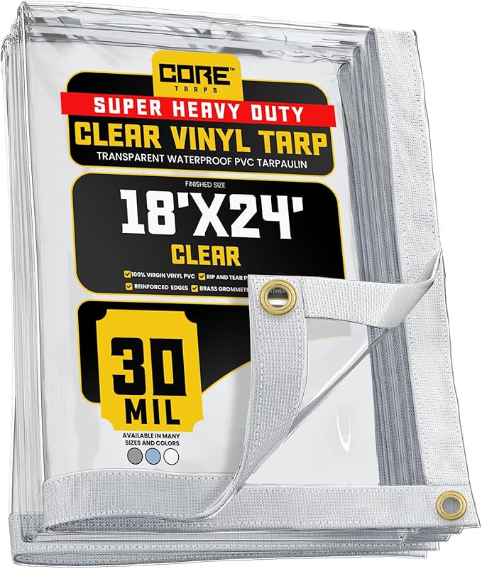 Core Tarps 30 Mil Extreme Heavy Duty Clear Tarp with Gromments - 18x24ft Super Clear Tarps Heavy Duty Waterproof Vinyl Tarpaulin, Transparent Tarp for Outdoor, Camping & Construction, Clear