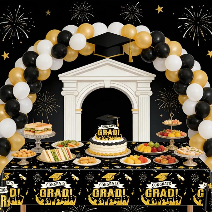 2 Pack Graduation Tablecloth, Class of 2026 Congrats Grad Table Cloths Disposable Plastic Rectangle Black Gold Table Cover for Graduation Tables Decorations Party Decor Supplies Favors,108 x 54 Inch