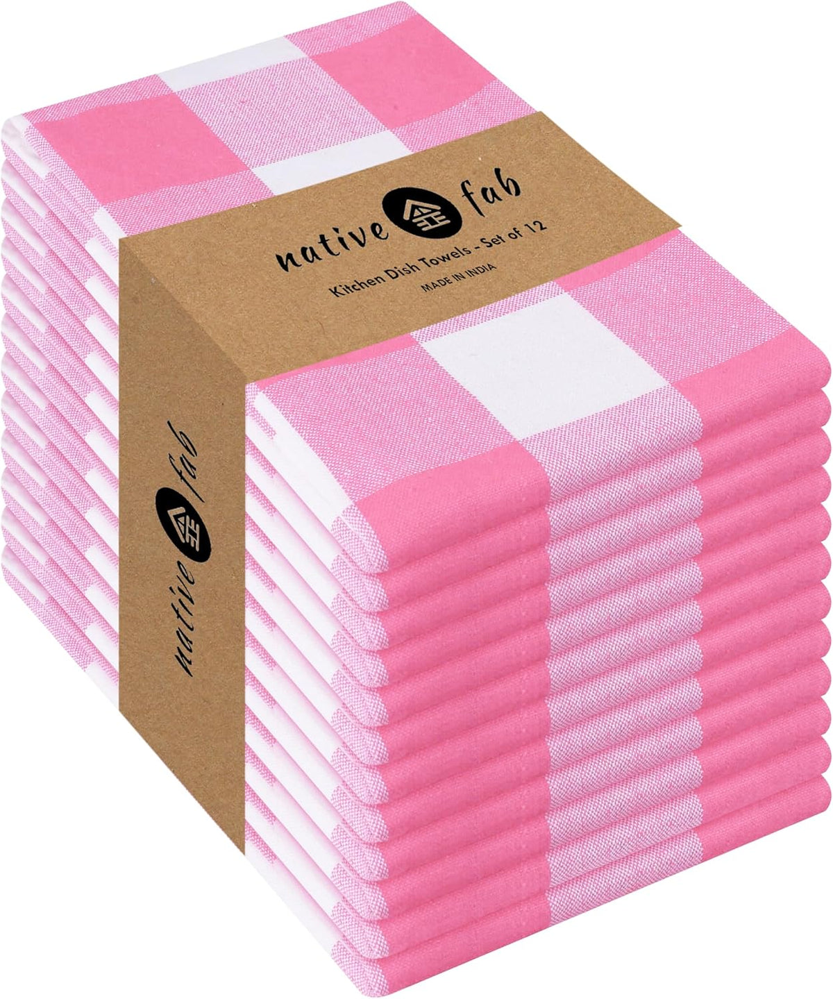 Native Fab Pink Checked Kitchen Towel 16"x26" - 12 Pack Buffalo Plaid Cotton Dish Towels - Absorbent Dishcloth Set