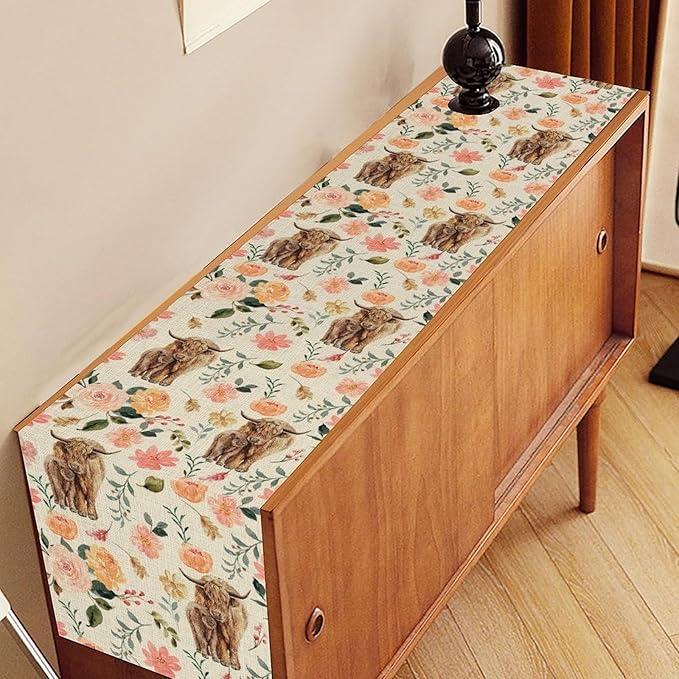 Cow Table Runner, Rustic Farmhouse Pink Floral Flower Spring Summer Yak Leaves Seasonal Coffee Table Center Decor for Home Kitchen Dining Patio Holiday Party Indoor Outdoor Table Decorations, 13"x72"