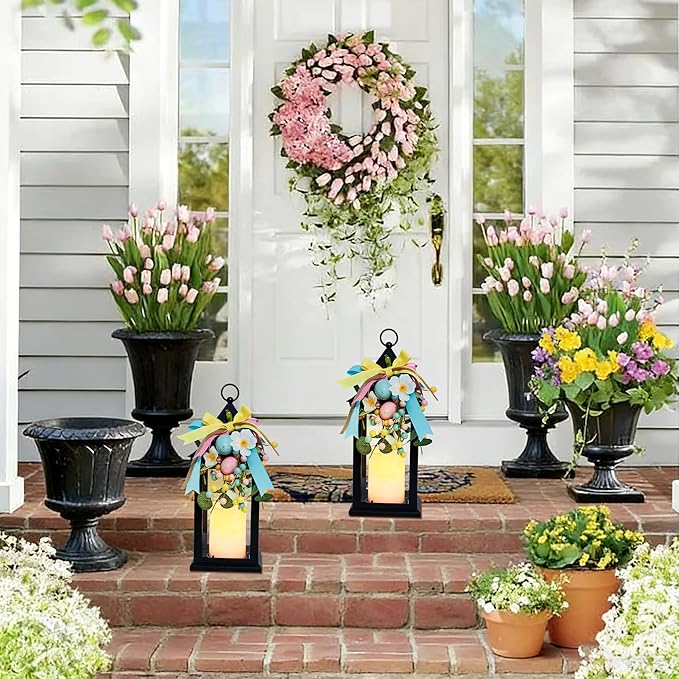 Easter Lanterns Decorative Indoor & Outdoor, 14 Inch Black Candle Lanterns with Timer Waterproof, Hanging Spring and Easter Lantern Decor for Home, Table, Porch, Patio, 2 Pack
