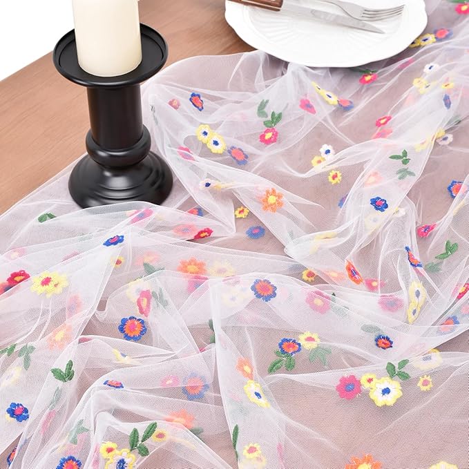Joanlody 3pcs Ivory Embroidery Daisy Spring Summer Table Runner 10ft Florals Seasonal Easter Tulle Table Runner Holiday Kitchen Dining Table Decoration for Home Party Indoor
