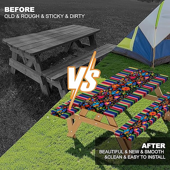 Mexico Picnic Table Cover with Bench Covers and Bag, Camping Essentials, Cinco De Mayo Fiesta Stripes Fitted Table Cover, 6ft Outdoor Tablecloth Waterproof Windproof with Elastic Edge 3 PCS 30x60 Inch