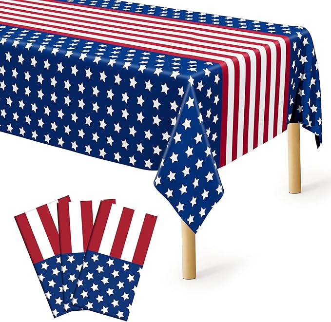 3Pcs 4th of July Tablecloths, 108" X 54" 250th Anniversary Patriotic Plastic Tablecloth, Rectangle 4th of July Table Cloth Red White Blue Tablecover, USA Party Supplies Independence Day Decorations