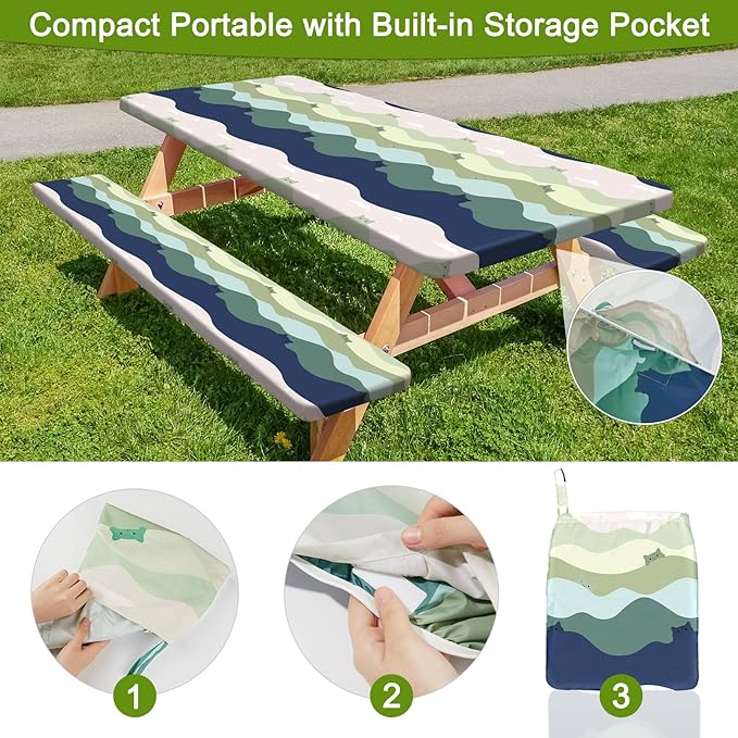 Picnic Table Cover with Bench Covers Portable Table Cloth Built-in Storage Pocket Fitted Tablecloth with Elastic Edges Waterproof Camping Essentials for Indoor Outdoor Rv,96in,Green Cat