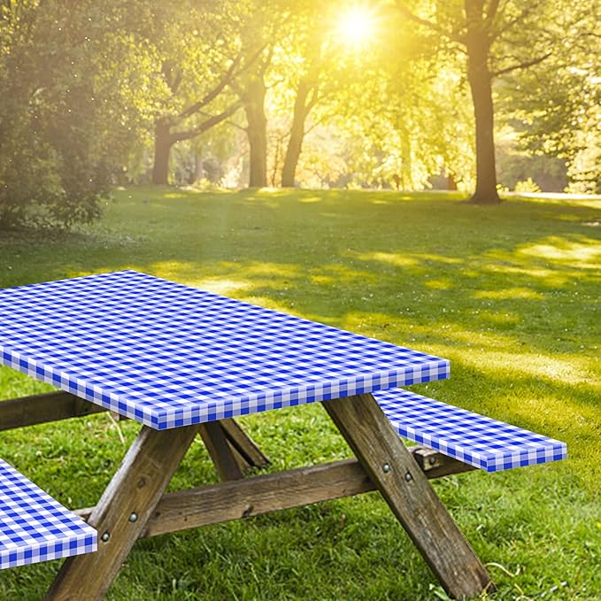 7ft Picnic Table and Bench Cover, Camping Essentials RV Gear, 84 in Waterproof Windproof Outdoor Elastic All Around Tablecloth, Fitted Rectangle Tables and Seats, Blue-White Checkered