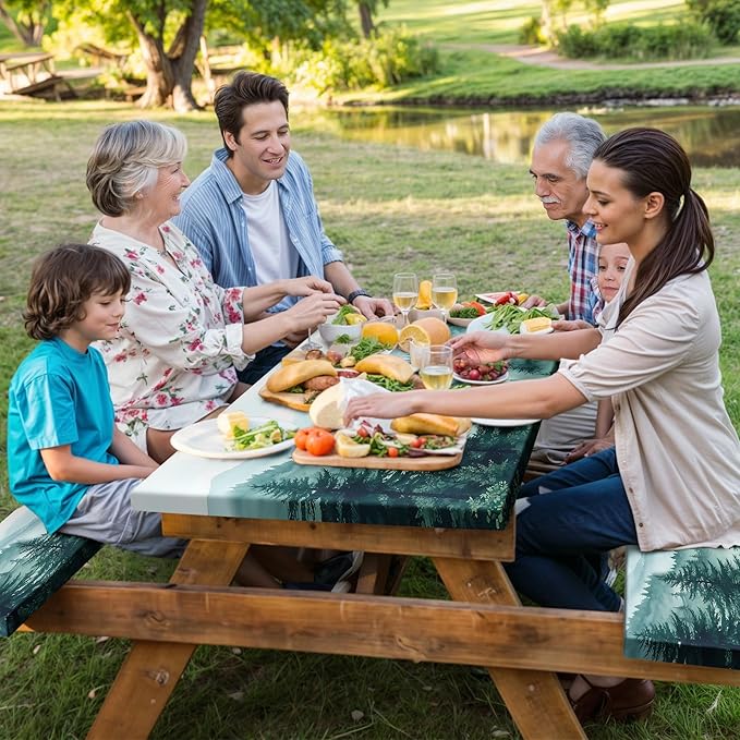 JAWO Green Forest Picnic Table Cover - Fitted Tablecloth with Elastic Edge,Camping Design for Outdoor Camping, BBQ Decor, 72x30 Inch