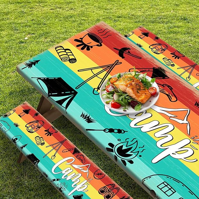 Picnic Table Cover with Bench Covers Elastic Edges, Rainbow Wood Camper Fitted Table Cover, Outdoor Patio Camping Essentials 72 Inch 3PCS, Waterproof Camping Fitted Tablecloth with Drawstring Bag