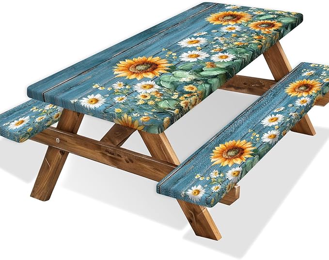 Picnic Table Cover with Bench Covers, Waterproof Elastic Fitted Tablecloths for 6 Foot Rectangle Tables, Outdoor Washable Sunflower Wooden Tablecloth for Camping 30X60in