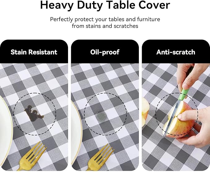 Romanstile Rectangle Vinyl Tablecloth, 100% Waterproof Buffalo Gingham Plastic Table Cloth, Heavy Duty Wipeable Checkered Table Covers for Outdoor, Camping, Picnic, Patio - 60 x 102, Grey and White