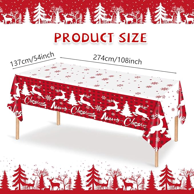 Winter Christmas Tablecloths - 2-Pack, Winter Themed with Reindeer and Snowflakes, Disposable Plastic Tablecloths 54" x 108", Ideal for Indoor and Outdoor Christmas Party Decorations