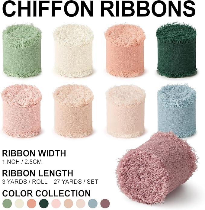 Mixed Color Chiffon Ribbon 1" x 27 Yd Handmade Fringe Silk Chiffon Fabric Ribbon for Gift Wrapping Wedding Invitation Bridal Flower Bouquet DIY Crafts Home Decor