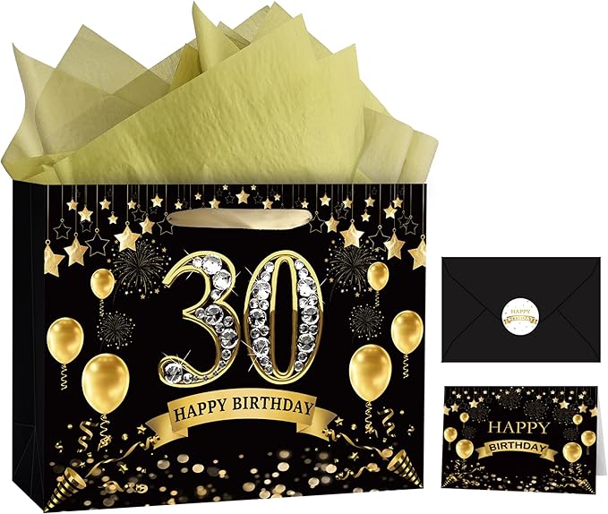 OIIVPOK 30th Birthday Gift Bag, Happy Birthday Bag with Tissue Paper and Greeting Card for Party, Happy 30th Bithday Bags for Women Men, 12.6" Medium Gift Bags (30th)