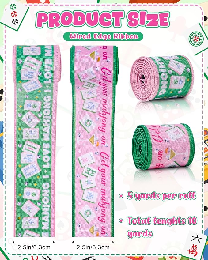 2 Rolls Mahjong Wired Edge Ribbon 2.5 Inch 10 Yards Mahjong Party Decorations Pink and Green Mahjong Theme Ribbon with Tiles, Cocktail & Dice for Game Night Decor, Gift Wrap, DIY Crafts