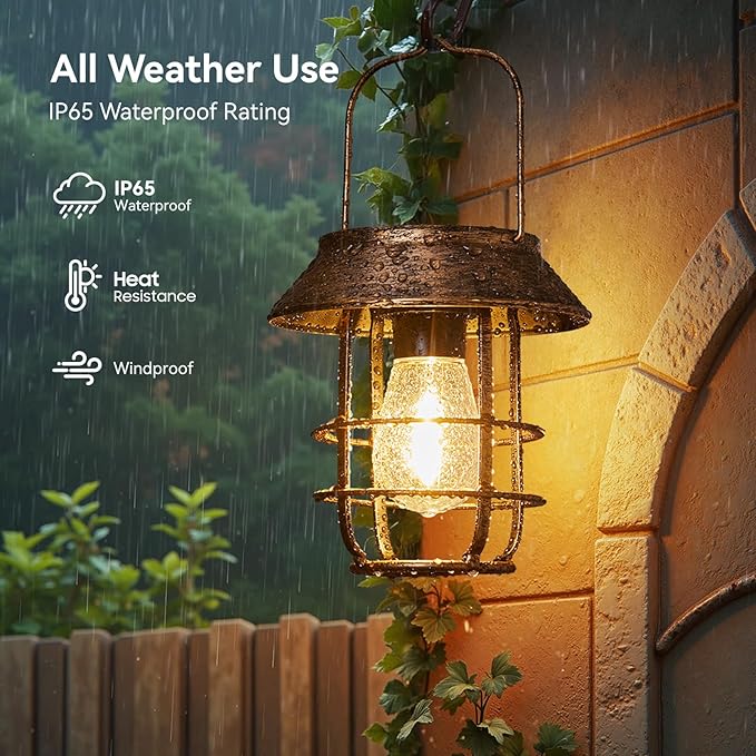 Ahaorigin Solar Lanterns Outdoor Waterproof, High Brightness Hanging Solar Lights for Outside with Wall Hooks, Retro Metal Outdoor Lanterns Auto On/Off for Porch, Patio, Yard Decor 2 Pack