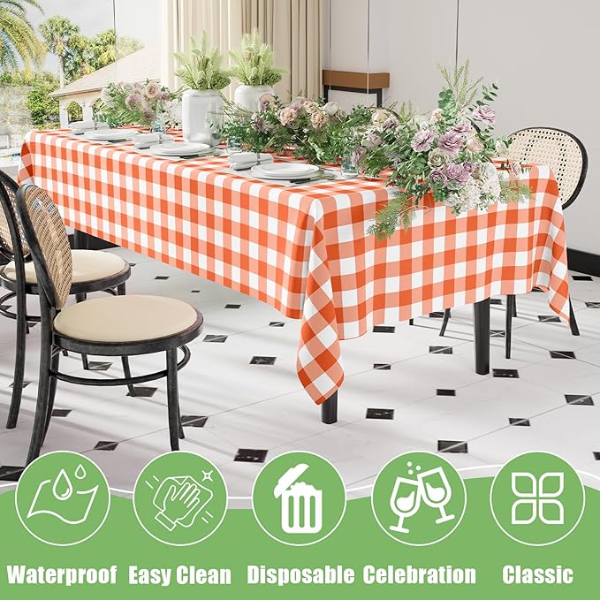 Smiry 3 Pack Orange Gingham Disposable Tablecloths - 54" x 108" Heavy Duty Plastic Table Cloth, Waterproof Buffalo Plaid Table Covers for Picnic, Banquets, Outdoor Parties
