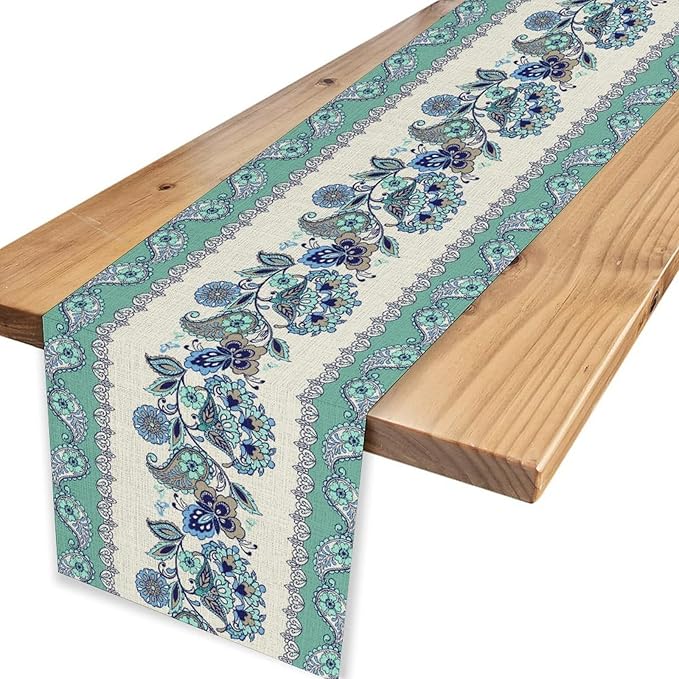 Paisley Table Runner, Vintage Teal Damask Floral Flower Boho Antique Damask Swirled Pattern Rustic Coffee Table Center Decor for Family Kitchen and Living Room Outdoor Table Decorations, 13"x108"