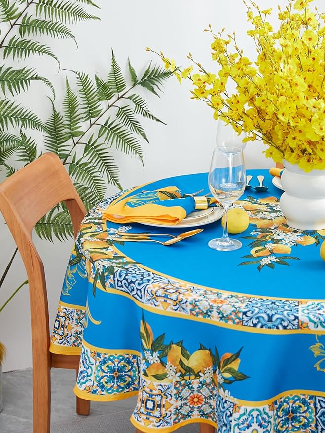 YiHomer Provence Blue Lemon Mediterranean Tile Tabletop for Spring Summer Decorations, Picnics and Dinner Parties - Indoor Outdoor, Stain and Water Resistant, Tablecloth, 70" Round