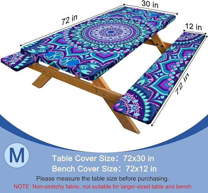 Picnic Table Cover with Bench Covers Windproof Waterproof Picnic Table Covers Camping Tablecloth with Self-Storage Bag, 72in, Blue Purple