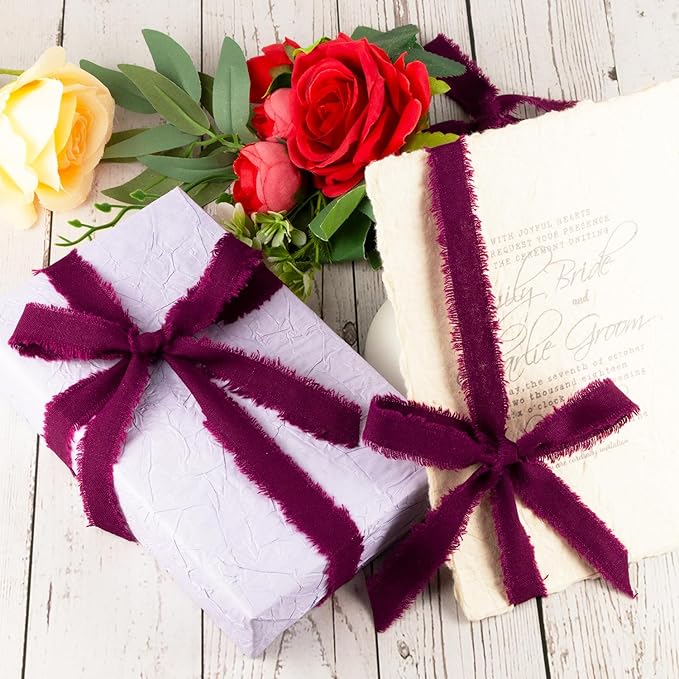 Grape Wine Cotton Ribbon 5/8 Inch Grape Wine 3 Rolls 21 Yards Frayed Edge Fabric Set for Wedding Decor, Anniversary Celebration, Bridal Bouquet Wrap, Gift Wrapping & Fall Wedding