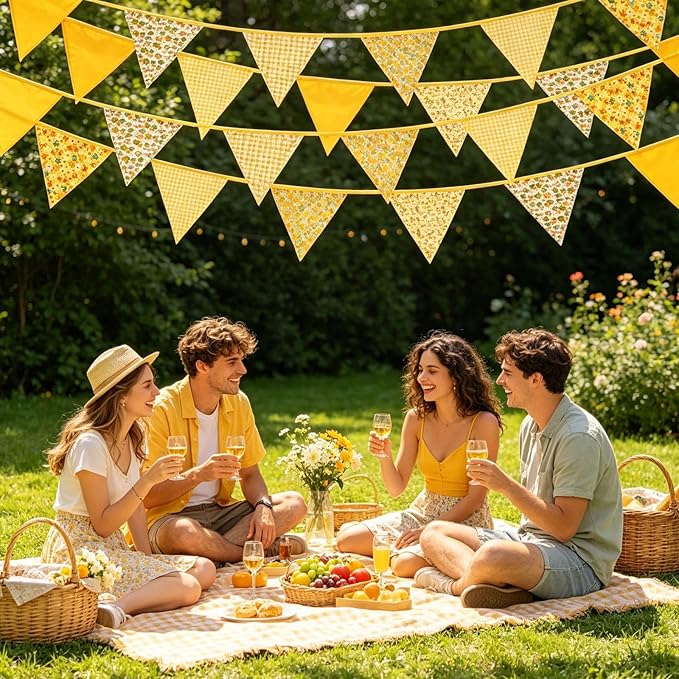 Zwiebeco 32Ft Yellow Fabric Floral Pennant Banner Bunting Cotton Flowers Triangle Flags Party Decorations for Birthday Wedding Engagement Bridal Baby Shower Rustic Village Sweet Home Garden Décor
