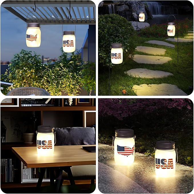 Solar Lanterns Outdoor Waterproof Tabletop - The USA Flag Outdoor Waterproof Hanging Solar Lights Glass Jar for Garden,Patio,Pathway & Yard Decor 2 Pack