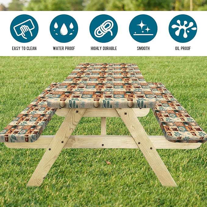 JAWO Coffee Pattern Picnic Table Cover,Bohemian Geometric Vintage Floral Tablecloth with Elastic Edge,Camping Design for Outdoor Camping, BBQ Decor, 96x30 Inch