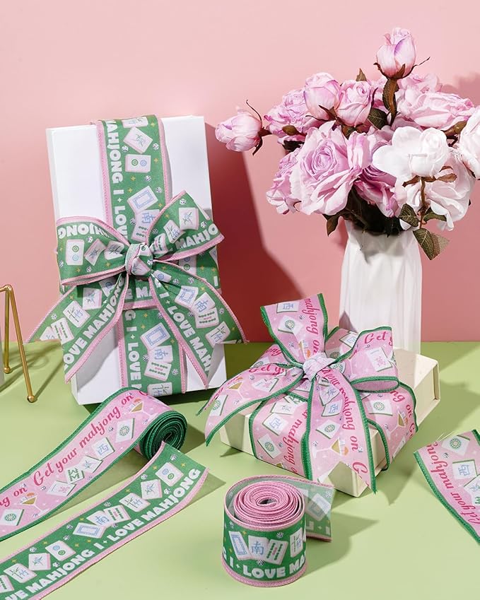 2 Rolls Mahjong Wired Edge Ribbon 2.5 Inch 10 Yards Mahjong Party Decorations Pink and Green Mahjong Theme Ribbon with Tiles, Cocktail & Dice for Game Night Decor, Gift Wrap, DIY Crafts