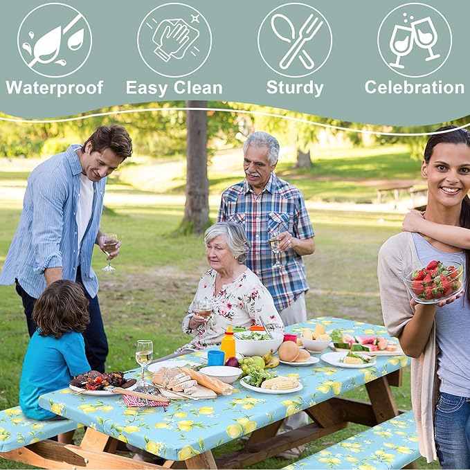 misaya Picnic Table Cover with Bench Cover, Waterproof Elastic Fitted Tablecloth for 5 Foot Tables, Rectangle Washable Polyester Fabric Tablecloths for Picnic, Camping, Outdoor (Lemon, 30" x 60")
