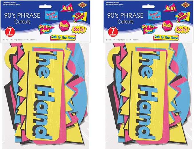 Beistle 90's Phrase Cutouts 14 Piece Wall Party Decorations, 8.5" - 19.5", Blue/Yeow/Cerise/Black