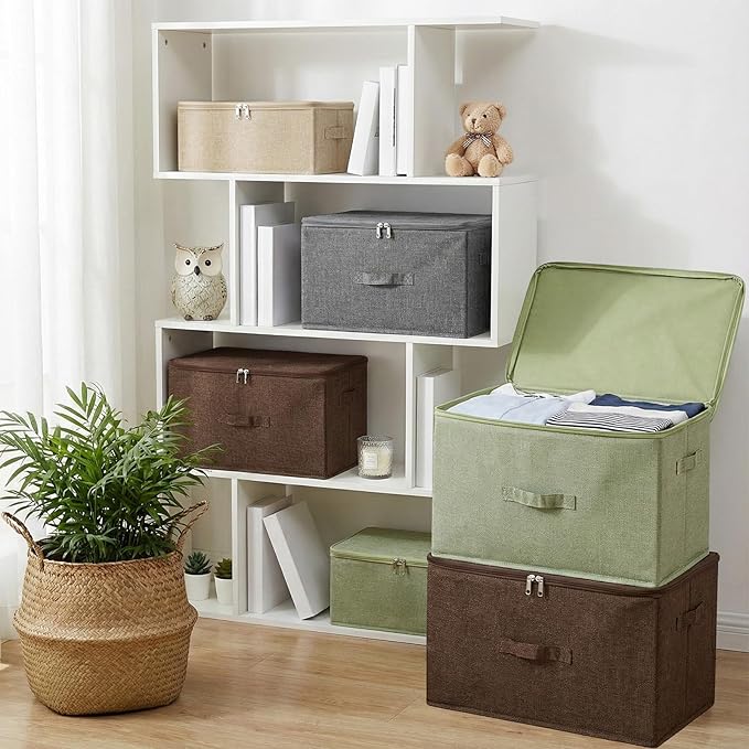 ANMINY 3PCS Storage Bins with Zipper Lids 13 Qt Lidded Fabric Storage Boxes Baskets Cubes with Handles Collapsible Washable Cotton Linen Closet Shelf Clothes Organizer Containers - Coffee, Small